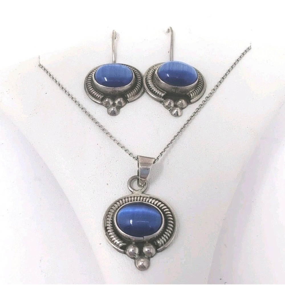 ATI Vtg Mexican Sterling Silver 925 Necklace Earrings Set Blue Cat Eye Glass